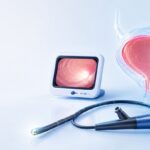 Cystoskop i obraz wnętrza pęcherza moczowego podczas cystoskopii
