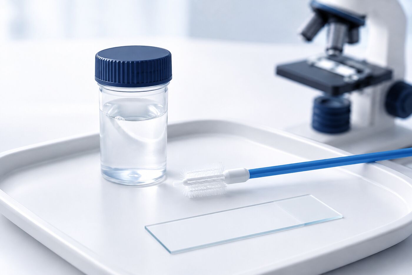 Cytologia płynna LBC - szczoteczka cytologiczna i pojemnik z próbką
