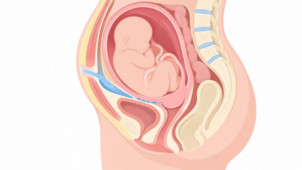 FAUCS – zewnątrzotrzewnowe cięcie cesarskie, schemat anatomiczny