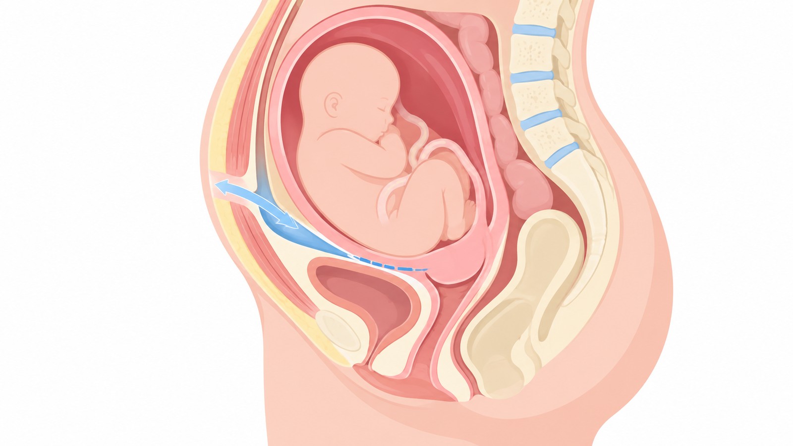 FAUCS – zewnątrzotrzewnowe cięcie cesarskie, schemat anatomiczny